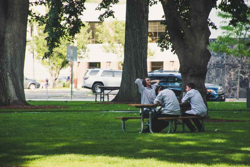 photo of men sitting on picnic bench